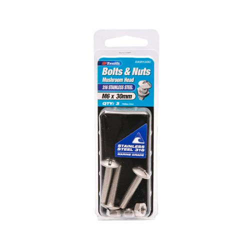 Zenith Bolt & Nut M 6x 30mm Mushroom Head SS316 3pk (6903462363288)